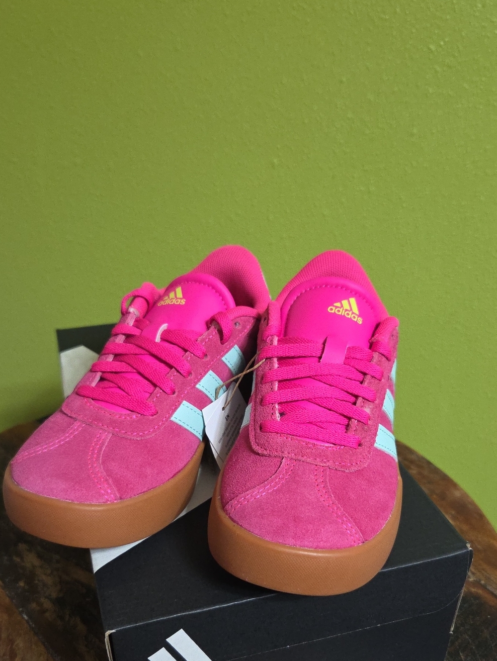 Girls adidas Kids Hot Pink Suede Sneakers with Light Blue Stripes